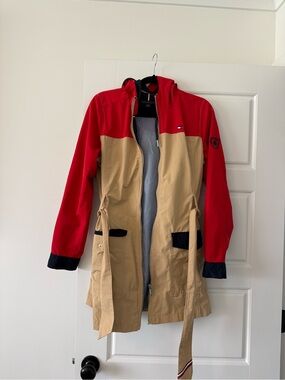 Tommy Hilfiger Red and Khaki Hooded Trench Jacket